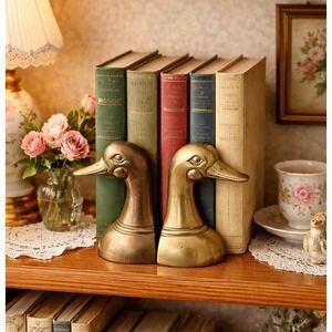 Vintage Solid Brass Mallard Duck Heads Bookends Pair Set Cottage Granny Core